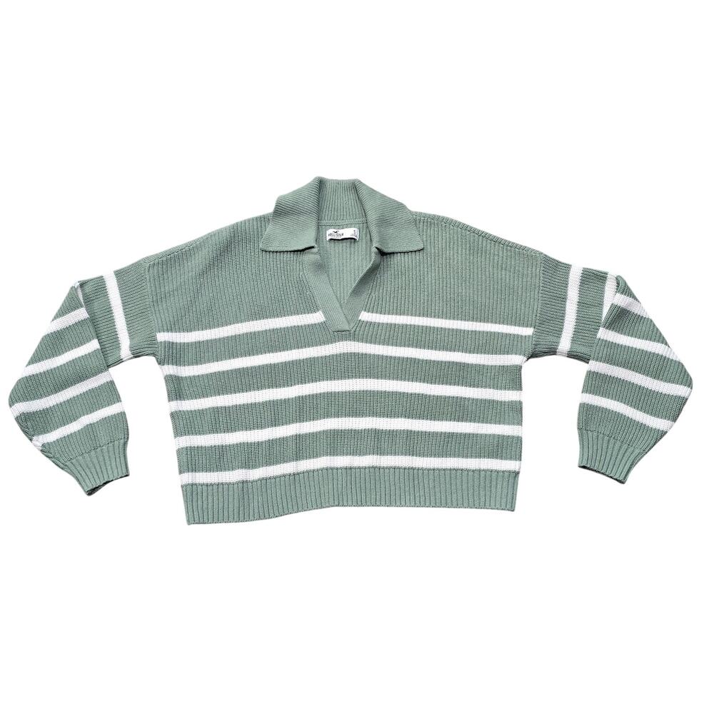 Hollister Green & White Striped Collared V Neck Crop Sweater - Picture 1 of 7